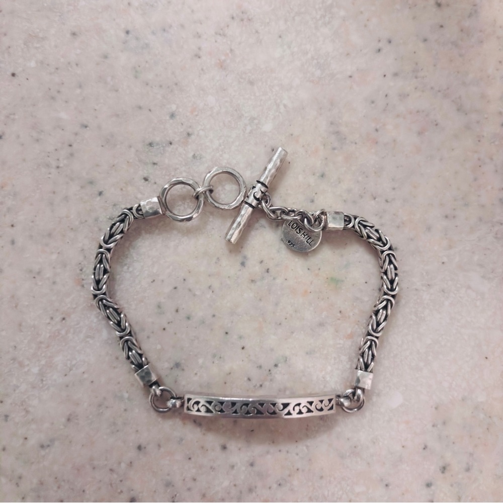 Vintage Lois Hill Silver Filigree Scroll ID Toggle Bracelet.